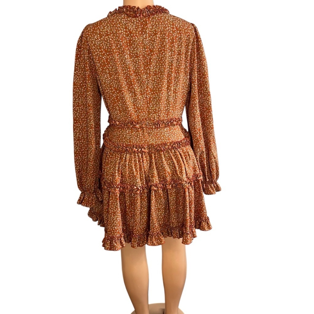 Lulu's Rust Floral Long Sleeve Ruffle Skater Dress - Picture 6 of 9